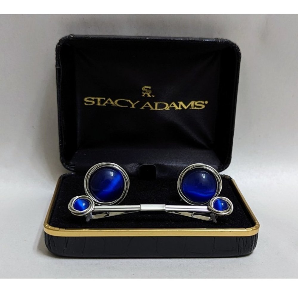 🆕 BLUE SAPPHIRE SILVER PLATED ROPE EDGE- CUFF LINKS w/TIE CLIP - MEN